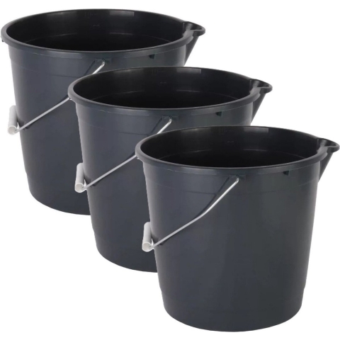 Huishoud/schoonmaak emmer met tuit - 3x - 10 liter - zwart - multifuctioneel -