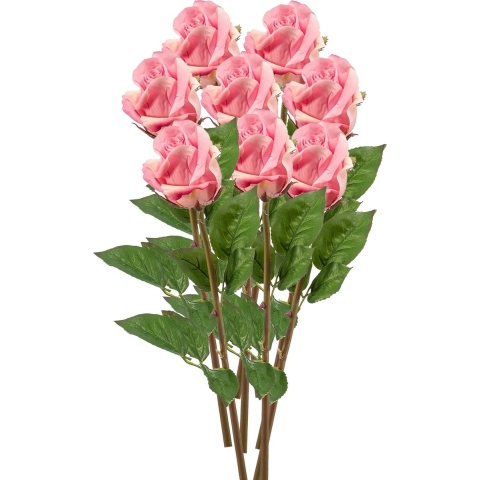 Kunstbloemen boeket Roos Bud - 8x - 58 cm - roze - Kunst zijdebloemen -