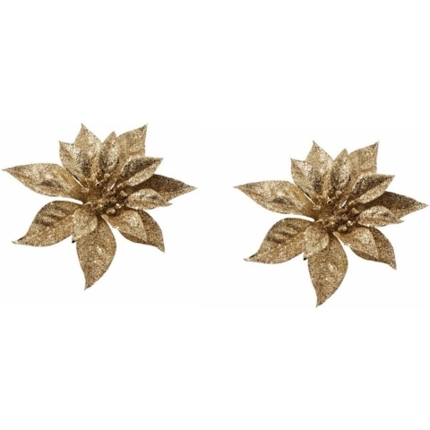 4x Kerstboomversiering bloem op clip gouden kerstster 18 cm -