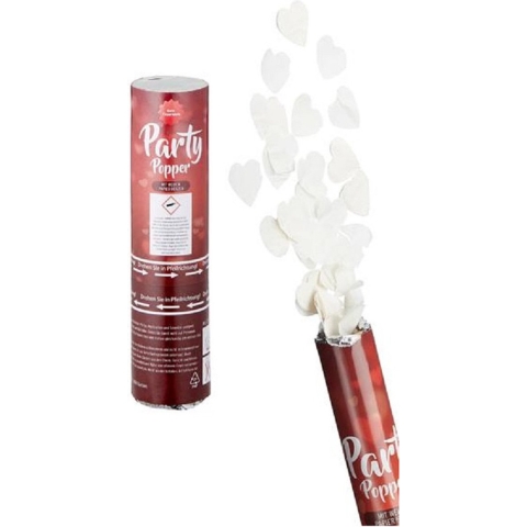 Set van 12x stuks party popper/confetti shooter valentijn/bruiloft hartjes wit 20 cm -
