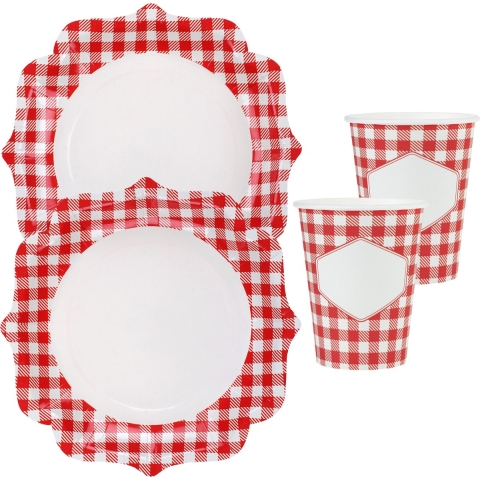 Boeren ruitjes feest wegwerp servies set - 20x bordjes / 20x bekers - boerenbont -