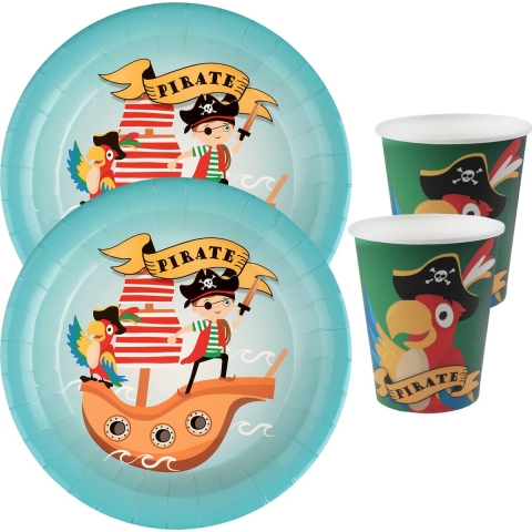 Piraten thema feest wegwerp servies set - 20x bordjes / 20x bekers -