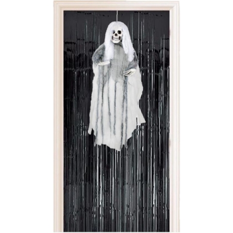 Horror decoratie pakket hangende skelet geest pop met zwart deurgordijn -