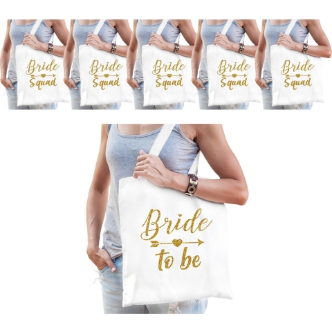 Vrijgezellenfeest dames tasjes/ goodiebag pakket: 1x Bride to Be wit+ 9x Bride Squad wit -