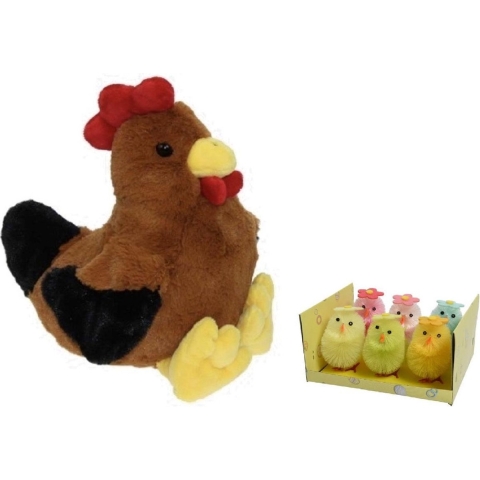 Pluche bruine kippen/hanen knuffel van 25 cm met 6x stuks mini gekleurde kuikentjes met bloem 6,5 cm -
