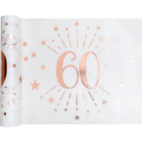 Tafelloper op rol - 2x - 60 jaar verjaardag - wit/rose goud - 30 x 500 cm - polyester -