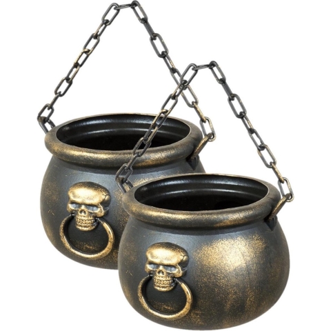Set van 2x stuks heksenketel/kookpot goud met schedel 20 cm -