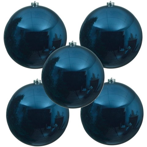 Decoris Kerstbal - 5x - donkerblauw - groot - 14 cm - kunststof - glans -