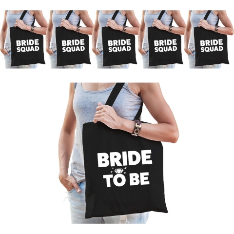 Pakket Vrijgezellenfeest dames tasjes/ goodiebag: 1x Bride to Be zwart+ 7x Bride Squad zwart -