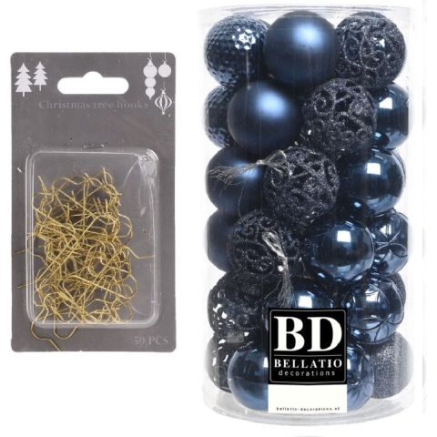37x stuks kunststof kerstballen donkerblauw 6 cm inclusief gouden kerstboomhaakjes -
