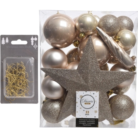 33x stuks kunststof kerstballen 5, 6 en 8 cm parel champagne inclusief ster piek en kerstbalhaakjes -