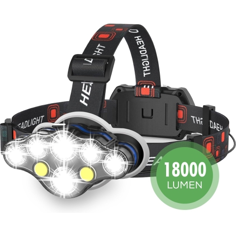 Travelhawk Hoofdlamp - Hoofdlamp LED oplaadbaar - Hoofdlampen - Hoofdlamp Oplaadbaar - 8 LED-koplampen - 18000 lumen - 500 meter bereik - Verstelbaar - Incl Draagtas