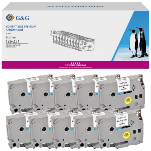 Labeltape Set van 10 stuks G&G 5T231-10TD Compatibel vervangt Brother TZe-231 Tapekleur: Wit Tekstkleur: Zwart 12 mm 8 m