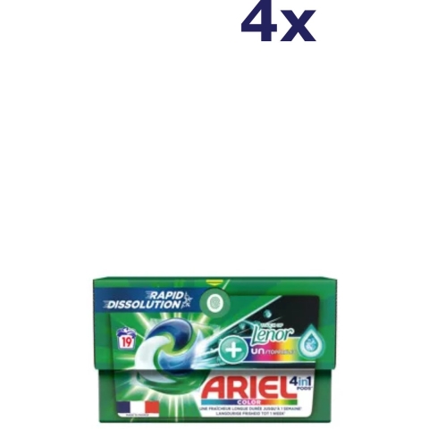 4x Ariel 4in1 Wasmiddel Pods Color Lenor Unstoppables 19 stuks