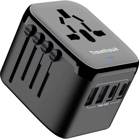 TravelHawk Universele Wereldstekker met 2 USB-C en 2 USB poorten - Reisstekker - Internationale Reisstekker voor 150+ landen - Amerika (USA) - Engeland (UK) - Australië - Azië - Zuid Amerika - Afrika - Wereldstekkers - Zwart