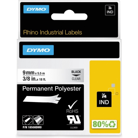 Labeltape DYMO IND RHINO 18508 Polyester Tapekleur: Transparant Tekstkleur:Zwart 9 mm 5.5 m