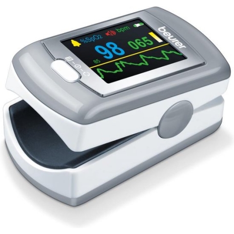 Beurer PO 80 Saturatiemeter - Pulse oximeter - Zuurstofmeter vinger - Hartslag – Klinisch gevalideerd - XL kleurendisplay – Alarmfunctie – Continue meting/24 uur – USB dataoverdracht – USB lader - Medisch gecertificeerd - 3 Jaar garantie - Wit/grijs