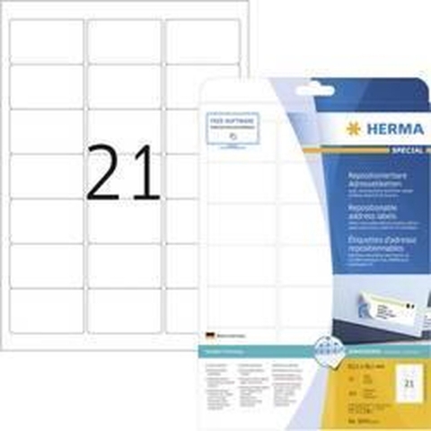 Herma 5074 Adresetiketten 63.5 x 38.1 mm Papier Wit 525 stuk(s) Weer verwijderbaar Inkjet, Laser (zwart/wit), Laser (kleur), Kopiëren (zwart/wit), Kopiëren
