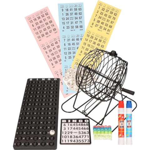 Bingo spel zwart/wit complete set 29 cm nummers 1-75 met molen/168x bingokaarten/2x stiften -