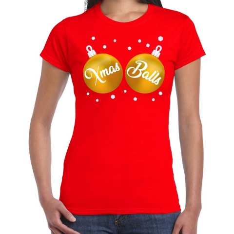 Fout kerst t-shirt rood met gouden Xmas balls voor dames 2XL -