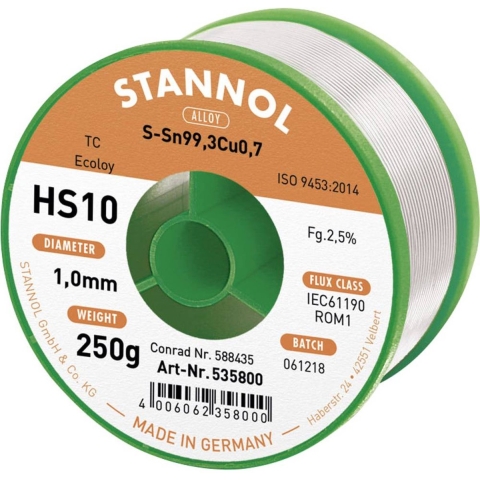 Stannol HS10 2510 Soldeertin, loodvrij Spoel Sn99,3Cu0,7 ROM1 250 g 1 mm