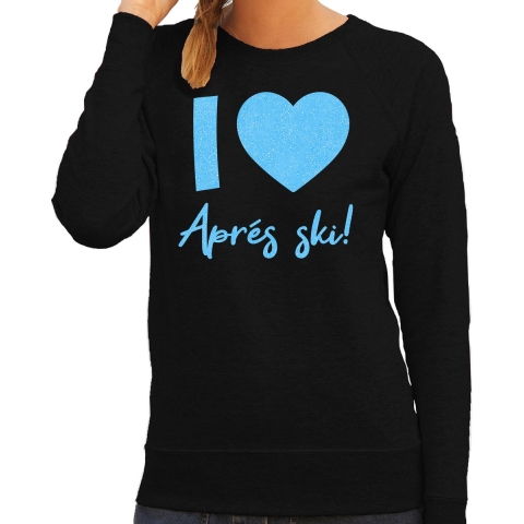 Apres ski sweater dames - I love Apres ski - zwart - glitter blauw - wintersport - skieen S -