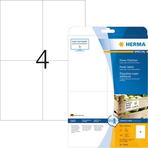 Herma 10909 Zelfklevende etiketten 105 x 148 mm Papier Wit 100 stuk(s) Permanent hechtend Inkjet, Laser (zwart/wit), Laser (kleur), Kopiëren (zwart/wit),