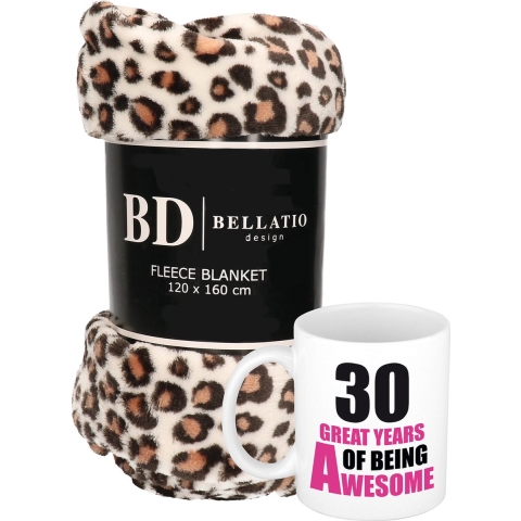 Cadeau verjaardag 30 jaar vrouw set - Fleece plaid/deken luipaard print met 30 great years awesome m -
