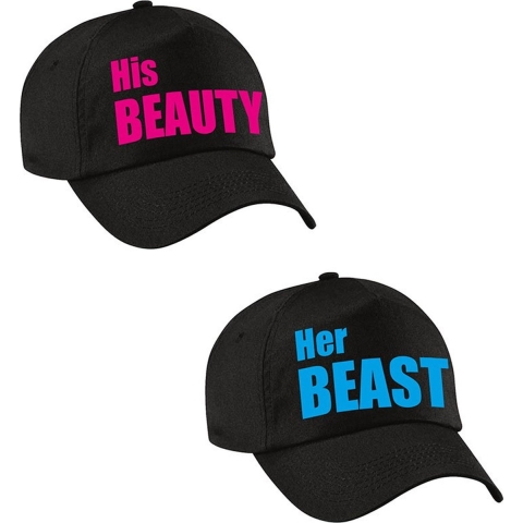 Her Beast en His beauty caps blauw / roze tekst volwassenen -