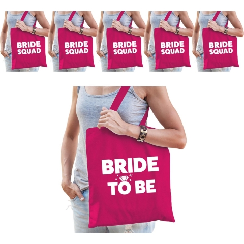 Pakket Vrijgezellenfeest dames tasjes/ goodiebag: 1x Bride to Be roze+ 5x Bride Squad roze -