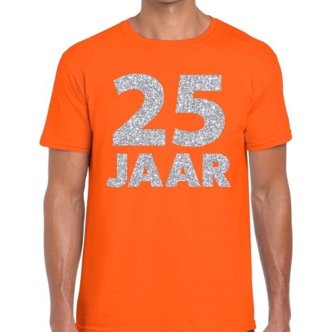 25 jaar zilver glitter verjaardag/jubilieum shirt oranje heren XL -