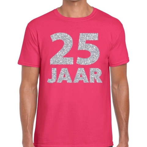 25 jaar zilver glitter verjaardag/jubilieum shirt roze heren M -