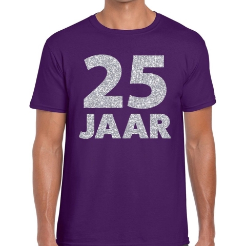 25 jaar zilver glitter verjaardag/jubilieum shirt paars heren S -