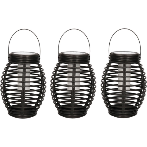 3x Zwarte solar lantaarns met vlam effect 19 cm -