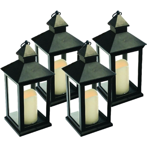 Lantaarn - 4x - zwart - met LED kaars - 10.5 x 10.5 x 24 cm - sfeerlicht - binnen / buiten -