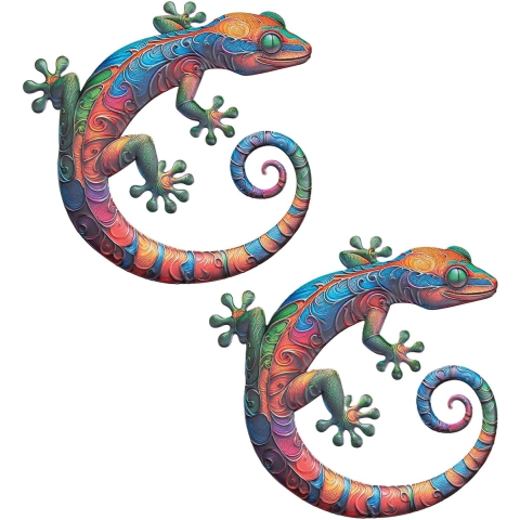 Wanddecoratie Gecko hagedis - 2x - kleurenmix - 40 x 41 cm - metaal - muurdecoratie/schutting/tuin -