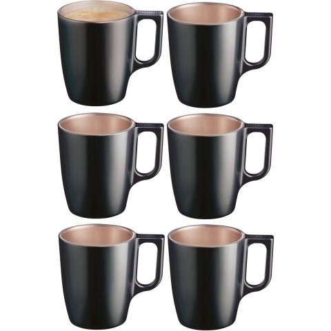 Koffiemokken Monaco - 6x stuks - Hard Glas - zwart - 250 ml - 9 cm - Flashy metallic finish -
