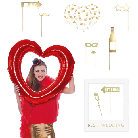 Foto prop set met frame - Verkleed accessoires - bruiloft thema - 14-delig - photo booth spullen -