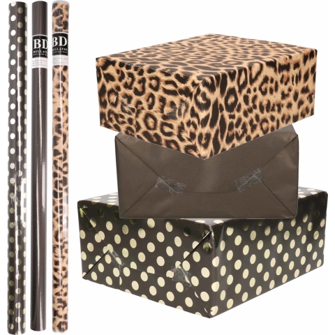 6x Rollen kraft inpakpapier/folie pakket - panterprint/zwart/zwart met gouden stippen 200 x 70 cm -
