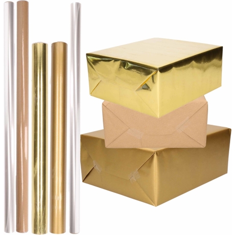 12x Rollen kraft inpakpapier goud/transparant pakket - goud/cellofaan/bruin 500 x 70 cm - 400 x 50 c -