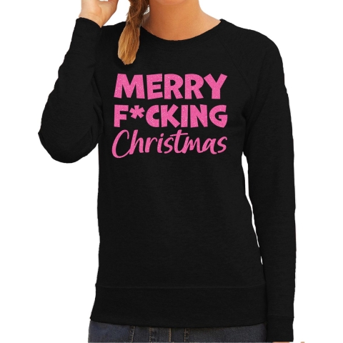 Foute kersttrui/sweater voor dames - Merry F*cking Christmas - zwart - glitter roze 2XL -