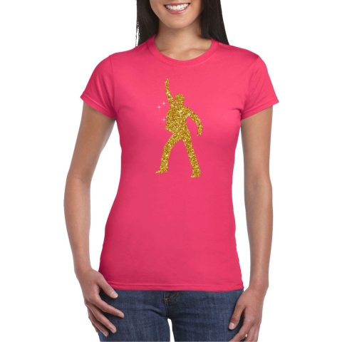 Disco verkleed t-shirt voor dames - roze - gouden glitter - jaren 70/80 XL -