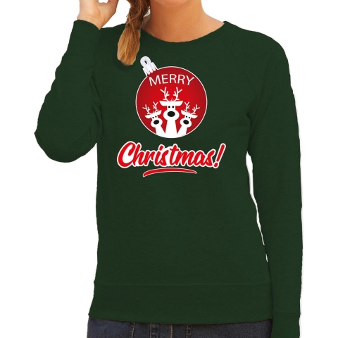 Rendier Kerstbal sweater / Kerst outfit Merry Christmas groen voor dames L -