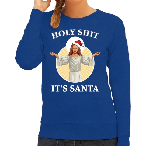 Holy shit its Santa fout Kerstsweater / outfit blauw voor dames L -