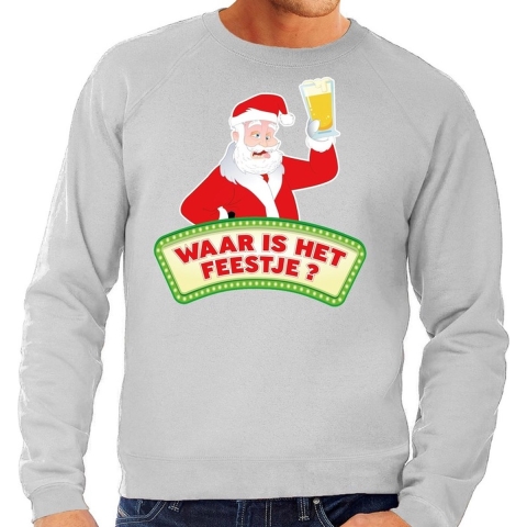 Foute kersttrui grijs Waar is het Feestje voor heren M (50) -