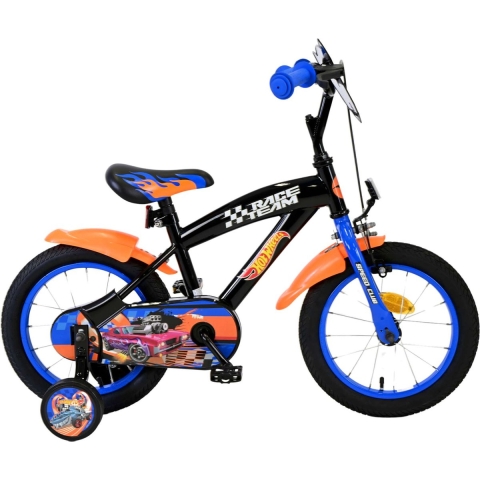 Hot Wheels Kinderfiets - 14 inch - Jongens - Handrem en Zijwieltjes - Zwart Oranje Blauw