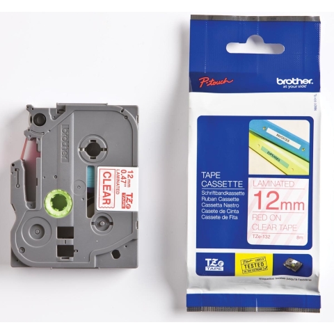Brother TZe-132 Labeltape Tapekleur: Transparant Tekstkleur: Rood 12 mm 8 m