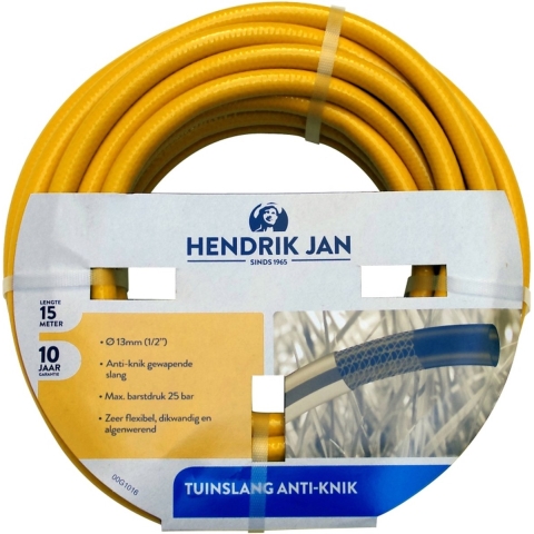 Tuinslang van 15 meter - kruislings gewapend/anti knik - 13mm - geel -
