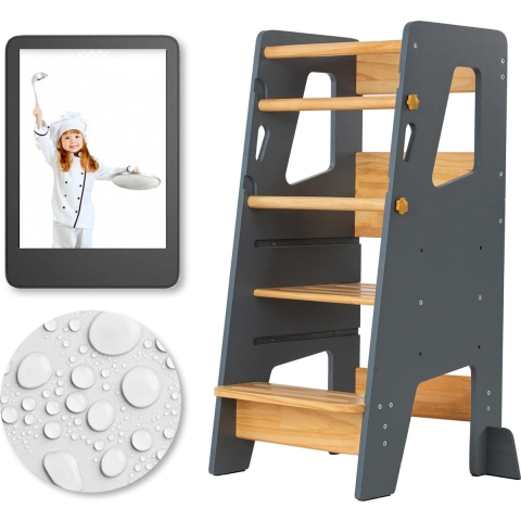 Vifara Leertoren Grijs - Inclusief E-book - Water bestendig - Anti Kantel&Anti Slip bescherming - Leertoren keukenhulp - Learning Tower - Keuken