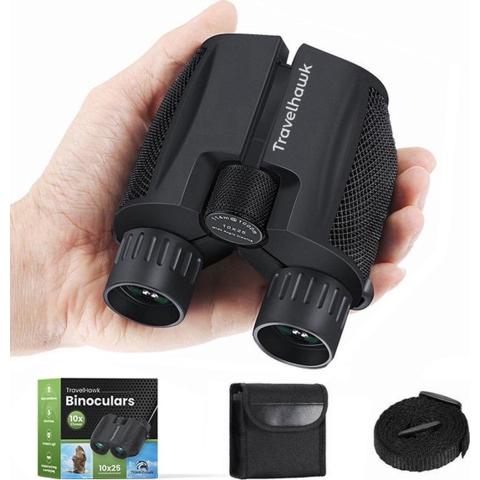 TravelHawk Verrekijker - 10x25 - BAK4 - Full Multi-Coated (FMC) - Compacte verrekijker - Waterdicht - Met nekkoord, draagtas - voor vogels kijken, jagen, theater - Zwart